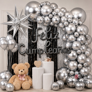 SET DE GLOBOS ARCO XL FELIZ CUMPLEA�OS PLATA Y NEGRO (GY 7833) 70 UNIDADES